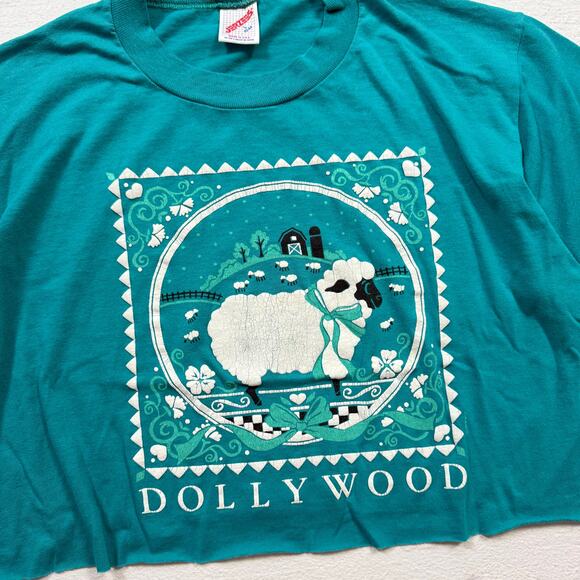 Upcycled Vintage 90s Dollywood Crop Tee Green Jerzees USA, Size Large - Picture 2 of 6